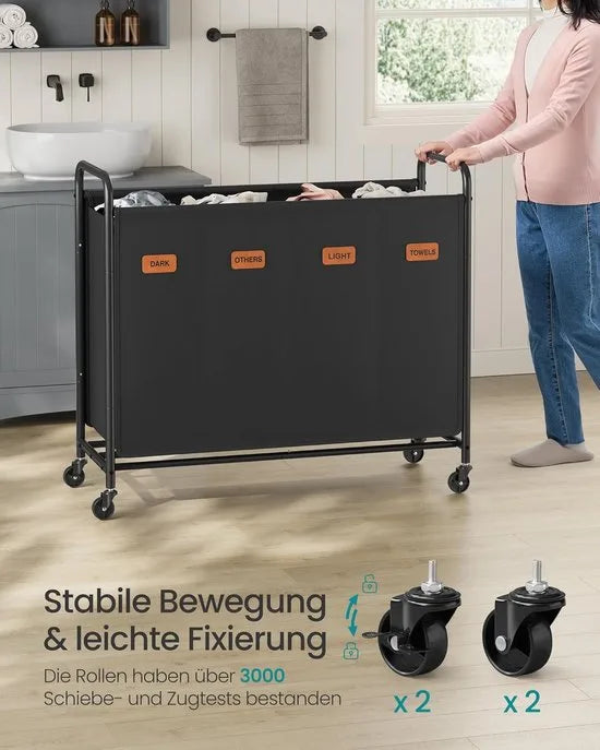 Furnstar Wasmand - Wasmand met wieltjes - 4 vakken - 200L wassorteerder - Beweegbare waswagen - Met 5 etiketten - Voor bijkeuken slaapkamer badkamer - Inktzwart