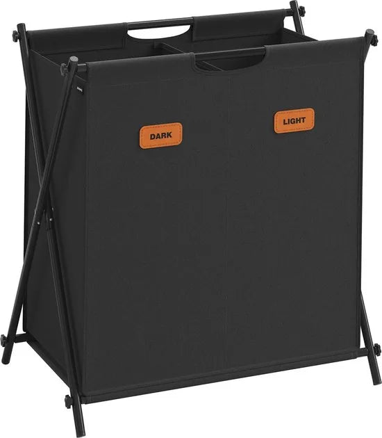 FurnStar - Wasmand - wasverzamelaar - 115 liter - wasbox - 2 vakken - inklapbaar X-frame - individuele etiketten - voor bijkeuken - slaapkamer - badkamer - 60 x 40 x 66 cm - leigrijs – Inktzwart