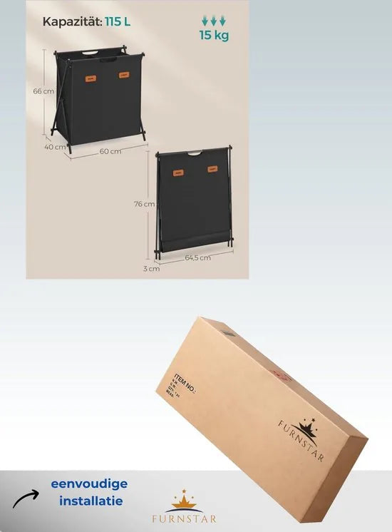 FurnStar - Wasmand - wasverzamelaar - 115 liter - wasbox - 2 vakken - inklapbaar X-frame - individuele etiketten - voor bijkeuken - slaapkamer - badkamer - 60 x 40 x 66 cm - leigrijs – Inktzwart