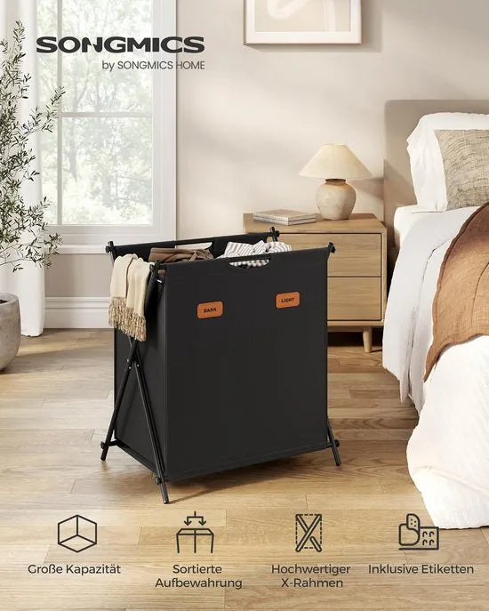 FurnStar - Wasmand - wasverzamelaar - 115 liter - wasbox - 2 vakken - inklapbaar X-frame - individuele etiketten - voor bijkeuken - slaapkamer - badkamer - 60 x 40 x 66 cm - leigrijs – Inktzwart