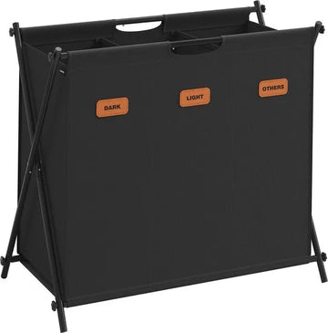FurnStar - Wasmand - wasverzamelaar - 135 liter - wasbox - 3 vakken - inklapbaar X-frame - individuele etiketten - voor bijkeuken - slaapkamer - badkamer - 70 x 40 x 66 cm - inktzwart