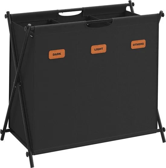 FurnStar - Wasmand - wasverzamelaar - 135 liter - wasbox - 3 vakken - inklapbaar X-frame - individuele etiketten - voor bijkeuken - slaapkamer - badkamer - 70 x 40 x 66 cm - inktzwart