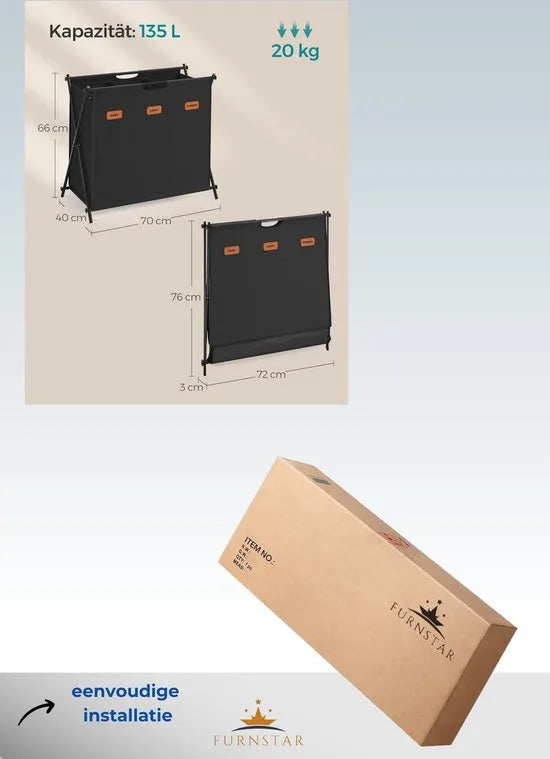 FurnStar - Wasmand - wasverzamelaar - 135 liter - wasbox - 3 vakken - inklapbaar X-frame - individuele etiketten - voor bijkeuken - slaapkamer - badkamer - 70 x 40 x 66 cm - inktzwart