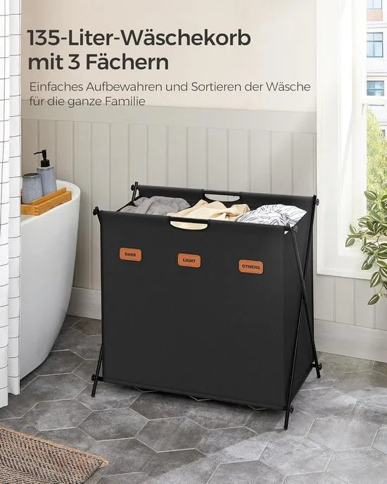FurnStar - Wasmand - wasverzamelaar - 135 liter - wasbox - 3 vakken - inklapbaar X-frame - individuele etiketten - voor bijkeuken - slaapkamer - badkamer - 70 x 40 x 66 cm - inktzwart