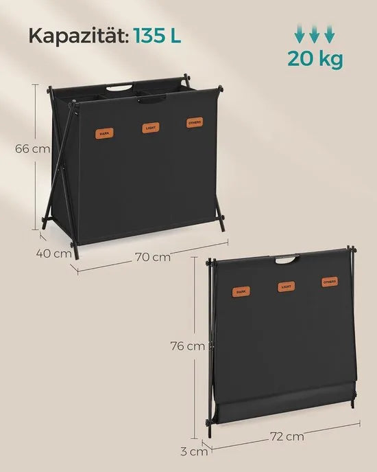 FurnStar - Wasmand - wasverzamelaar - 135 liter - wasbox - 3 vakken - inklapbaar X-frame - individuele etiketten - voor bijkeuken - slaapkamer - badkamer - 70 x 40 x 66 cm - inktzwart