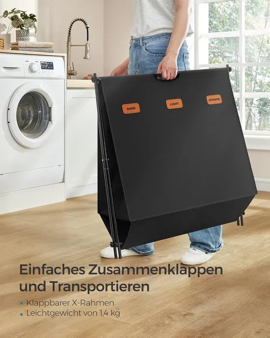 FurnStar - Wasmand - wasverzamelaar - 135 liter - wasbox - 3 vakken - inklapbaar X-frame - individuele etiketten - voor bijkeuken - slaapkamer - badkamer - 70 x 40 x 66 cm - inktzwart