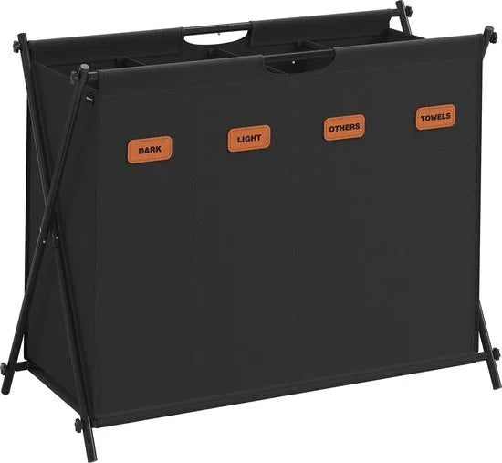 FurnStar - Wasmand - wasverzamelaar - 155 liter - wasbox - 4 vakken - inklapbaar X-frame - individuele etiketten - voor bijkeuken - slaapkamer - badkamer - 79,9 x 40 x 66 cm - leigrijs – Inktzwart