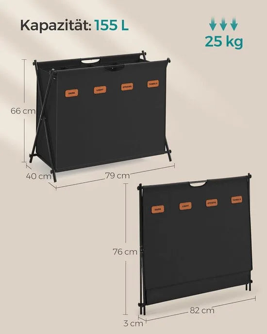 FurnStar - Wasmand - wasverzamelaar - 155 liter - wasbox - 4 vakken - inklapbaar X-frame - individuele etiketten - voor bijkeuken - slaapkamer - badkamer - 79,9 x 40 x 66 cm - leigrijs – Inktzwart