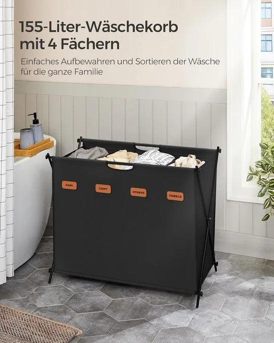 FurnStar - Wasmand - wasverzamelaar - 155 liter - wasbox - 4 vakken - inklapbaar X-frame - individuele etiketten - voor bijkeuken - slaapkamer - badkamer - 79,9 x 40 x 66 cm - leigrijs – Inktzwart