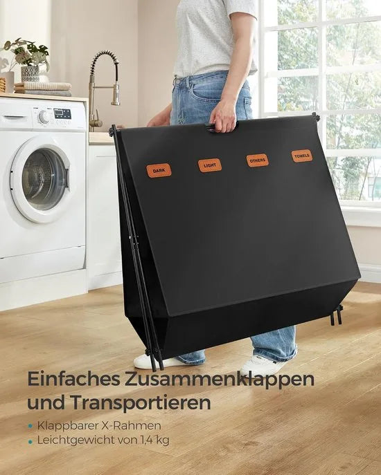 FurnStar - Wasmand - wasverzamelaar - 155 liter - wasbox - 4 vakken - inklapbaar X-frame - individuele etiketten - voor bijkeuken - slaapkamer - badkamer - 79,9 x 40 x 66 cm - leigrijs – Inktzwart