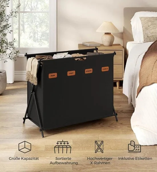 FurnStar - Wasmand - wasverzamelaar - 155 liter - wasbox - 4 vakken - inklapbaar X-frame - individuele etiketten - voor bijkeuken - slaapkamer - badkamer - 79,9 x 40 x 66 cm - Inktzwart
