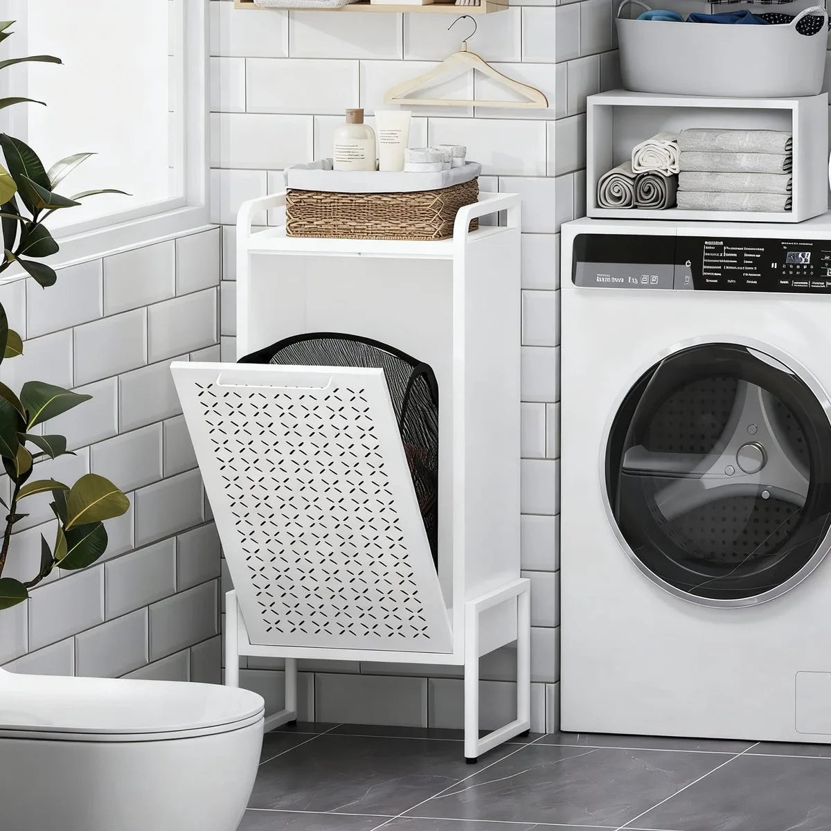 Furnstar Wasmand - Wasverzamelaar met Afneembare Waszak - Wasbox - Metalen Frame van Hoogwaardig Staal - 42 x 35 x 93 cm - Wit – Model 1