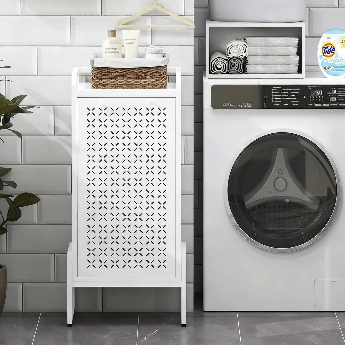 Furnstar Wasmand - Wasverzamelaar met Afneembare Waszak - Wasbox - Metalen Frame van Hoogwaardig Staal - 42 x 35 x 93 cm - Wit – Model 1