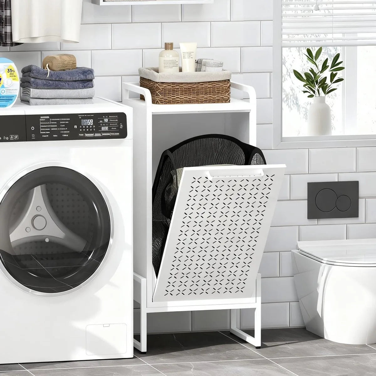 Furnstar Wasmand - Wasverzamelaar met Afneembare Waszak - Wasbox - Metalen Frame van Hoogwaardig Staal - 42 x 35 x 93 cm - Wit – Model 1