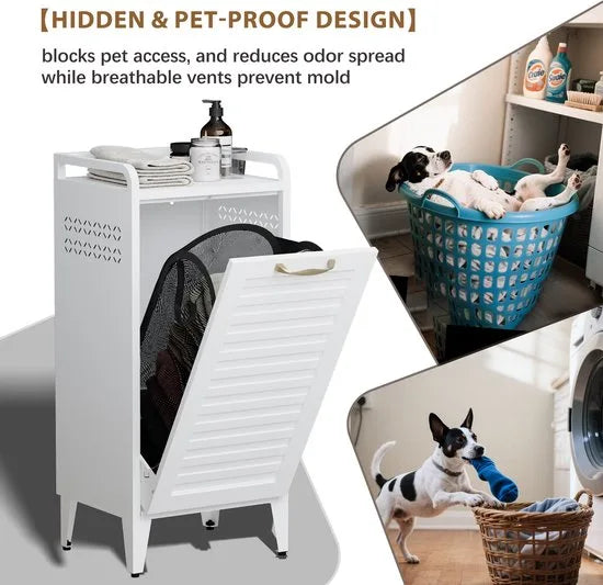 Furnstar Wasmand - Wasverzamelaar met Afneembare Waszak - Wasbox - Metalen Frame van Hoogwaardig Staal - 42 x 35 x 93 cm - Wit