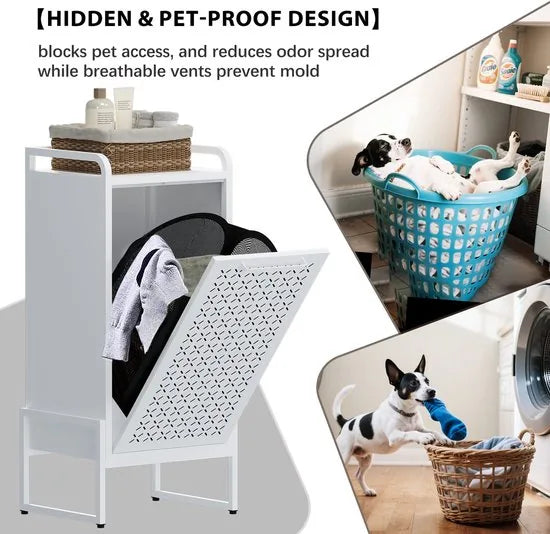 Furnstar Wasmand - Wasverzamelaar met Afneembare Waszak - Wasbox - Metalen Frame van Hoogwaardig Staal - 42 x 35 x 93 cm - Wit