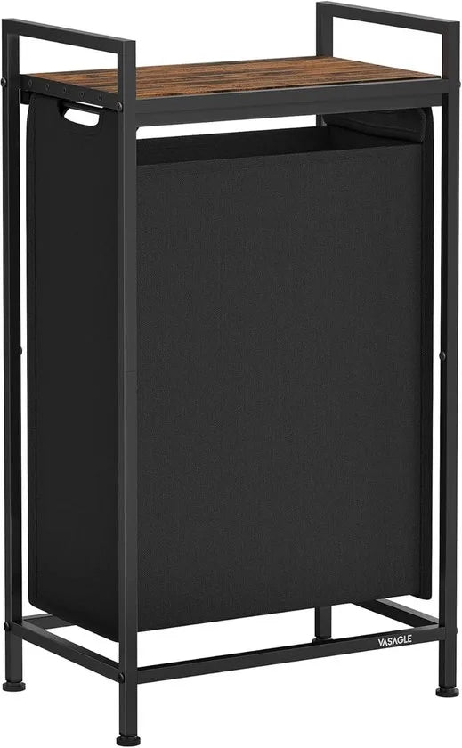 Furnstar Wasmand - Wasverzamelaar met plank - Wasbox - Afneembare waszak van Oxford weefsel - Metalen frame - 47L - 42 x 28 x 75 cm - Leigrijs Antracietgrijs – Vintage bruin-zwart