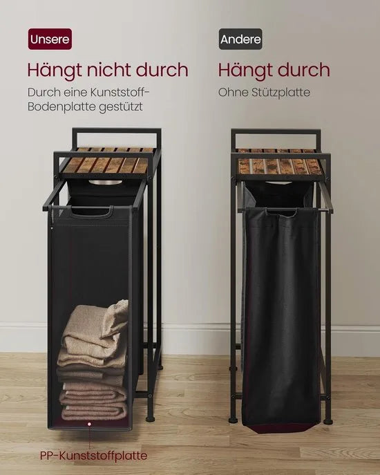 Furnstar Wasmand - Wasverzamelaar met plank - Wasbox - Afneembare waszak van Oxford weefsel - Metalen frame - 47L - 42 x 28 x 75 cm - Leigrijs Antracietgrijs – Vintage bruin-zwart