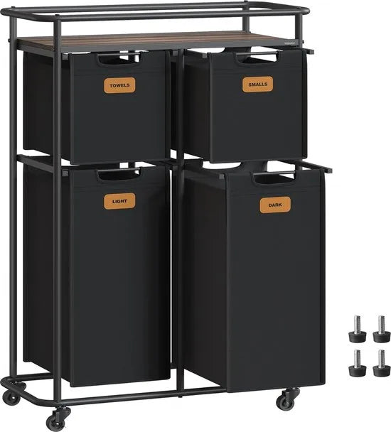 FurnStar - Wassorteerder - wasscheider met wielen - 150 liter - wasmanden - beweegbare waswagen met plank - 4 afneembare vakken - 6 etiketten - 72 x 33 x 109 cm - inktzwart-kastanjebruin
