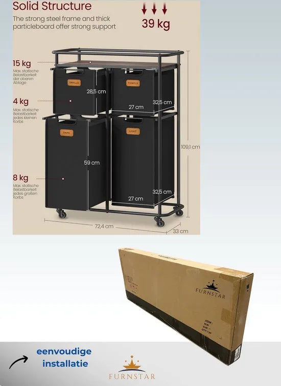 FurnStar - Wassorteerder - wasscheider met wielen - 150 liter - wasmanden - beweegbare waswagen met plank - 4 afneembare vakken - 6 etiketten - 72 x 33 x 109 cm - inktzwart-kastanjebruin