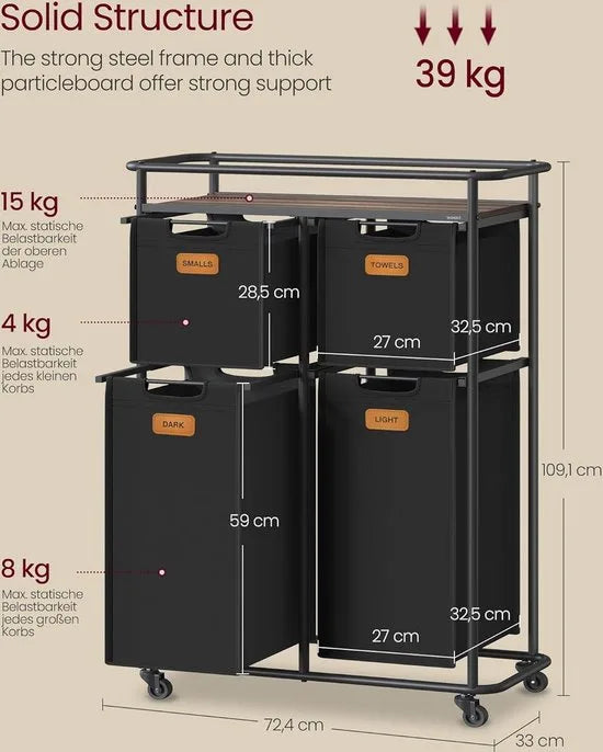 FurnStar - Wassorteerder - wasscheider met wielen - 150 liter - wasmanden - beweegbare waswagen met plank - 4 afneembare vakken - 6 etiketten - 72 x 33 x 109 cm - inktzwart-kastanjebruin