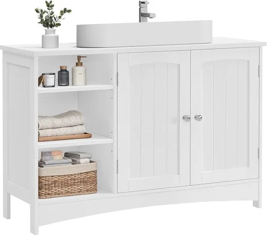 Furnstar - Wastafelonderkast - Badkamerkast - Extra lang - 30 x 90 x 60 cm - 2 deuren - Open vakken - In hoogte verstelbare planken - Wit