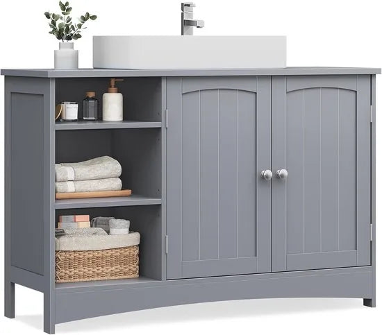 Furnstar - Wastafelonderkast - Badkamerkast - Extra lang - 30 x 90 x 60 cm - 2 deuren - Open vakken - In hoogte verstelbare planken - Wit – Duifgrijs