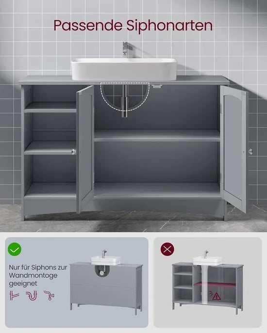 Furnstar - Wastafelonderkast - Badkamerkast - Extra lang - 30 x 90 x 60 cm - 2 deuren - Open vakken - In hoogte verstelbare planken - Duifgrijs - BBC410P36