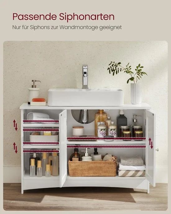 Furnstar - Wastafelonderkast - Badkamerkast - Extra lang - 30 x 90 x 60 cm - 2 deuren - Open vakken - In hoogte verstelbare planken - Wit