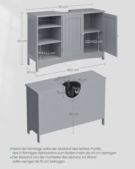 Furnstar - Wastafelonderkast - Badkamerkast - Extra lang - 30 x 90 x 60 cm - 2 deuren - Open vakken - In hoogte verstelbare planken - Duifgrijs - BBC410P36