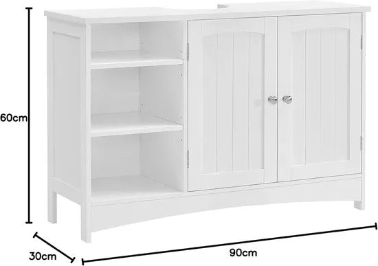 Furnstar - Wastafelonderkast - Badkamerkast - Extra lang - 30 x 90 x 60 cm - 2 deuren - Open vakken - In hoogte verstelbare planken - Wit