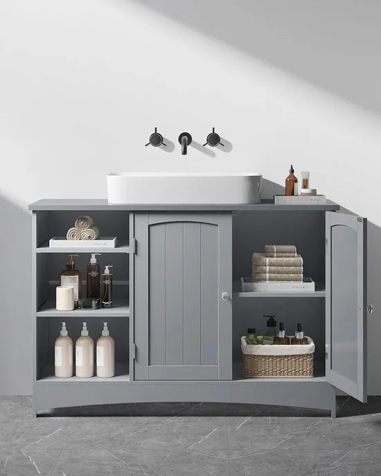 Furnstar - Wastafelonderkast - Badkamerkast - Extra lang - 30 x 90 x 60 cm - 2 deuren - Open vakken - In hoogte verstelbare planken - Wit – Duifgrijs