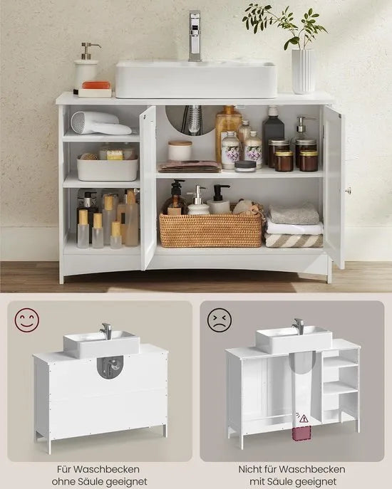 Furnstar - Wastafelonderkast - Badkamerkast - Extra lang - 30 x 90 x 60 cm - 2 deuren - Open vakken - In hoogte verstelbare planken - Wit