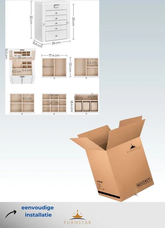 FurnStar XL sieradendoos - Met Spiegel - Juwelendoos - Organizer - Wit