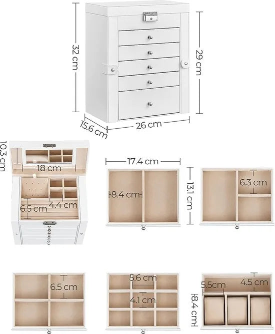 FurnStar XL sieradendoos - Met Spiegel - Juwelendoos - Organizer - Wit