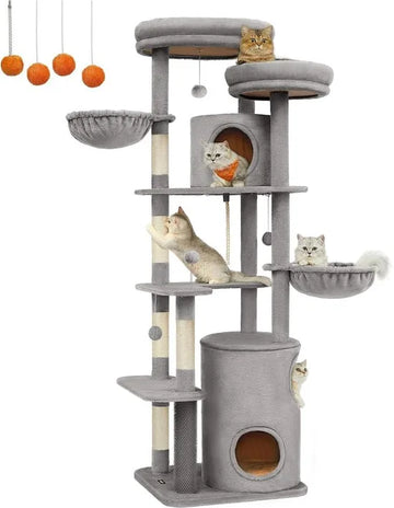 FurnStar - XXL - 196 cm hoge meerlaagse kattenboom met 2 grote platforms - 3 grotten - 2 ligbedden - 5 krabpalen - 4 pluche ballen - kattenborstel - tunnel - 60 x 55 x 196 cm - lichtgrijs