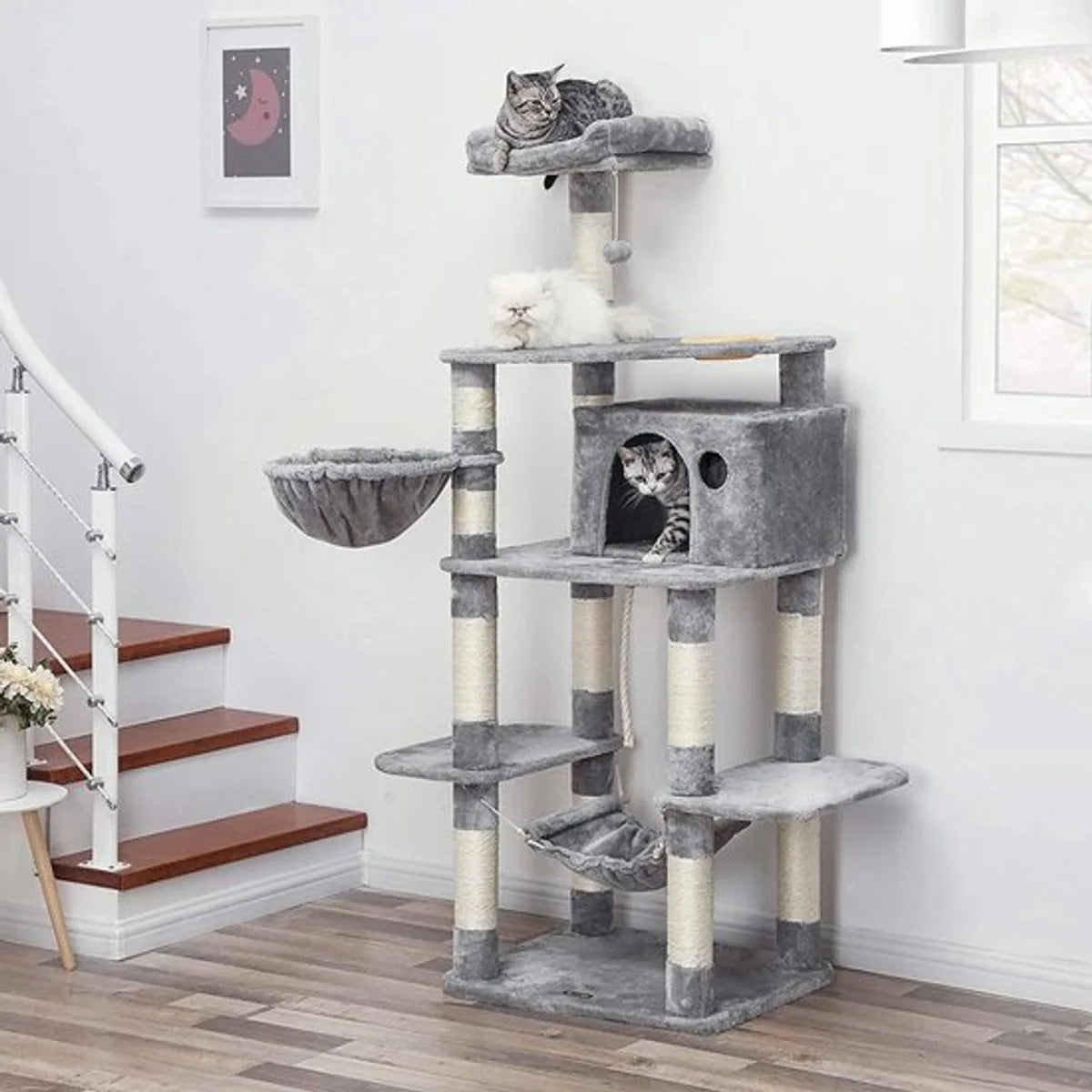 FurnStar - XXL Luxe Katten Krappaal Met Hangmat Hangende Mand & Katten Huisje - Activity Center - Grote Krappaal Klimpaal Met Speelset - Krabmeubel 164 CM Hoog - Sisal/Pluche - Grijs