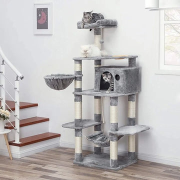 FurnStar - XXL Luxe Katten Krappaal Met Hangmat Hangende Mand & Katten Huisje - Activity Center - Grote Krappaal Klimpaal Met Speelset - Krabmeubel 164 CM Hoog - Sisal/Pluche - Grijs