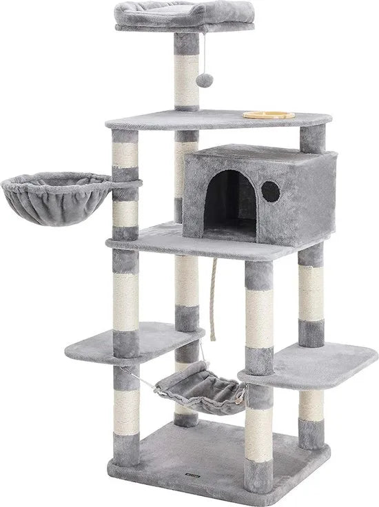 FurnStar - XXL Luxe Katten Krappaal Met Hangmat Hangende Mand & Katten Huisje - Activity Center - Grote Krappaal Klimpaal Met Speelset - Krabmeubel 164 CM Hoog - Sisal/Pluche - Grijs