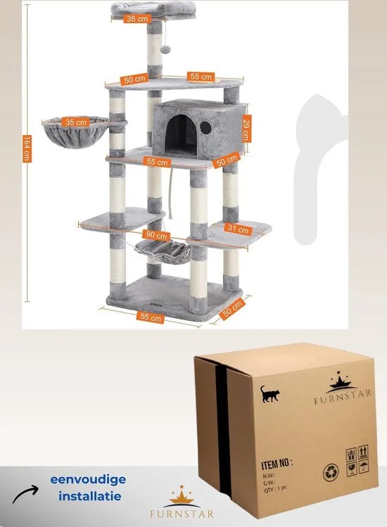 FurnStar - XXL Luxe Katten Krappaal Met Hangmat Hangende Mand & Katten Huisje - Activity Center - Grote Krappaal Klimpaal Met Speelset - Krabmeubel 164 CM Hoog - Sisal/Pluche - Grijs