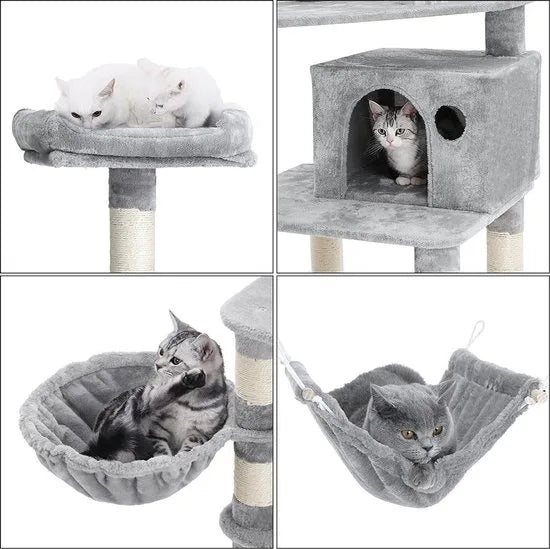 FurnStar - XXL Luxe Katten Krappaal Met Hangmat Hangende Mand & Katten Huisje - Activity Center - Grote Krappaal Klimpaal Met Speelset - Krabmeubel 164 CM Hoog - Sisal/Pluche - Grijs