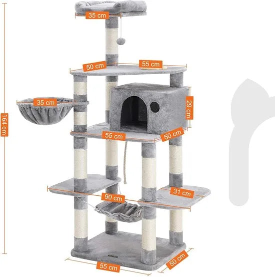 FurnStar - XXL Luxe Katten Krappaal Met Hangmat Hangende Mand & Katten Huisje - Activity Center - Grote Krappaal Klimpaal Met Speelset - Krabmeubel 164 CM Hoog - Sisal/Pluche - Grijs