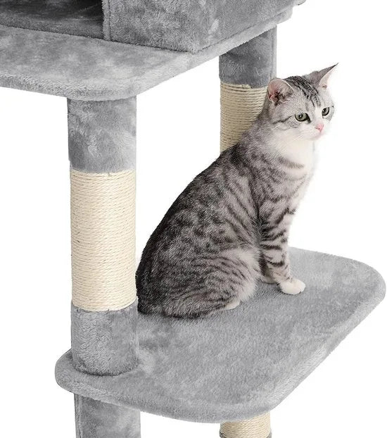 FurnStar - XXL Luxe Katten Krappaal Met Hangmat Hangende Mand & Katten Huisje - Activity Center - Grote Krappaal Klimpaal Met Speelset - Krabmeubel 164 CM Hoog - Sisal/Pluche - Grijs