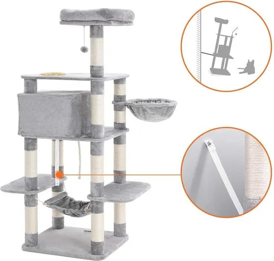 FurnStar - XXL Luxe Katten Krappaal Met Hangmat Hangende Mand & Katten Huisje - Activity Center - Grote Krappaal Klimpaal Met Speelset - Krabmeubel 164 CM Hoog - Sisal/Pluche - Grijs
