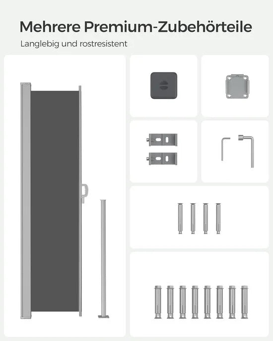 FurnStar - Zijluifel Met Stalen Bak - Windscherm - Roestbestendig - Uitschuifbaar Zonnescherm - Privacyscherm - Ponwering - Voor Balkon - Terras - Tuin - 160 x 350 cm - Grijs