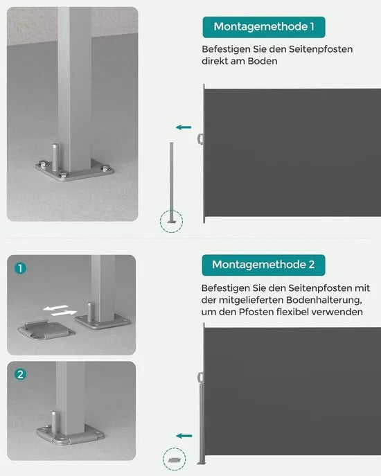 FurnStar - Zijluifel Met Stalen Bak - Windscherm - Roestbestendig - Uitschuifbaar Zonnescherm - Privacyscherm - Ponwering - Voor Balkon - Terras - Tuin - 160 x 350 cm - Grijs