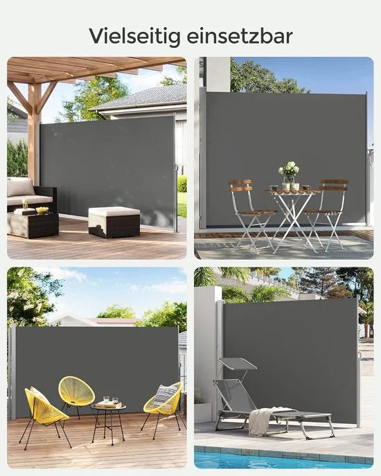 FurnStar - Zijluifel Met Stalen Bak - Windscherm - Roestbestendig - Uitschuifbaar Zonnescherm - Privacyscherm - Ponwering - Voor Balkon - Terras - Tuin - 160 x 350 cm - Grijs