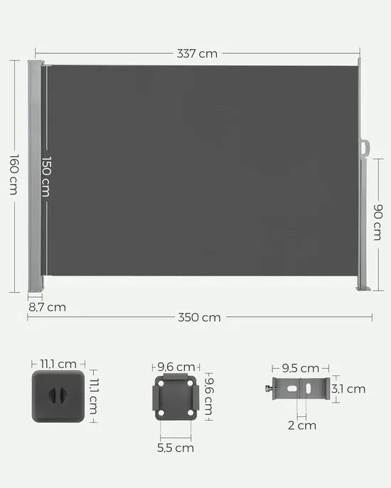FurnStar - Zijluifel Met Stalen Bak - Windscherm - Roestbestendig - Uitschuifbaar Zonnescherm - Privacyscherm - Ponwering - Voor Balkon - Terras - Tuin - 160 x 350 cm - Grijs