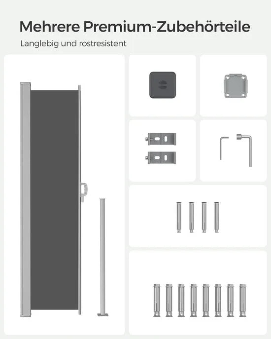 FurnStar - Zijwand - Windscherm - Uittrekbaar zijrolgordijn 160 x 350 cm - Zonwering - Ondoorzichtig - Balkon, terras, tuin - Lichtgrijs – Antraciet 140 x 300cm