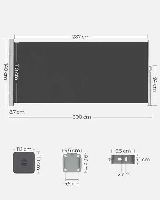 FurnStar - Zijwand - Windscherm - Uittrekbaar zijrolgordijn 160 x 350 cm - Zonwering - Ondoorzichtig - Balkon, terras, tuin - Lichtgrijs – Antraciet 140 x 300cm